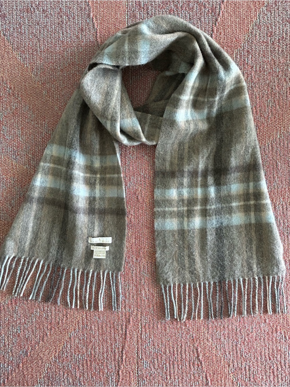 House of Bruar Scottish Lambswool Plaid Scarf Brown Blue Check Fringe Winter
